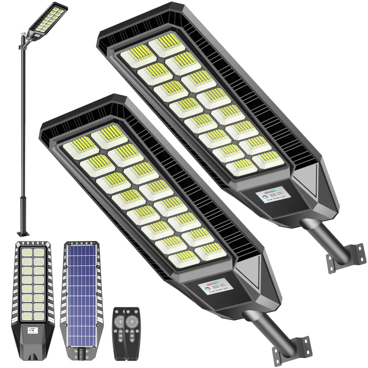 1600W Solar Street Lights (2 Pack) - 90000 Lumens, Dusk to Dawn, Remote Control & Motion Sensor for Outdoor Security Lighting