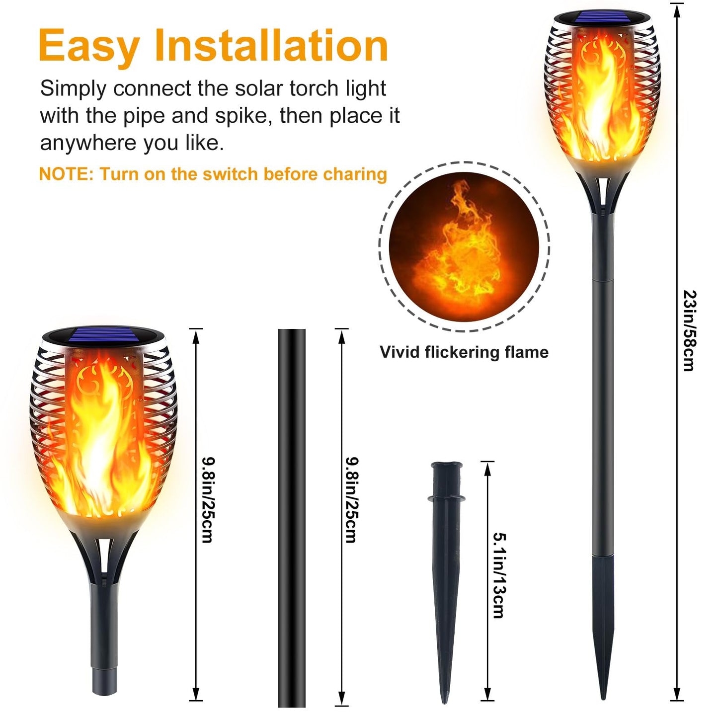 Solar LED Flame Torch Lights - 4 Pack Outdoor Flickering Fire Lamps for Lawn, Garden, and Patio Lighting