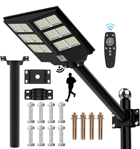 600W Commercial Solar Street Light with 60000LM Brightness, Dusk to Dawn Operation, Remote Control for Parking Lots & Outdoor Areas