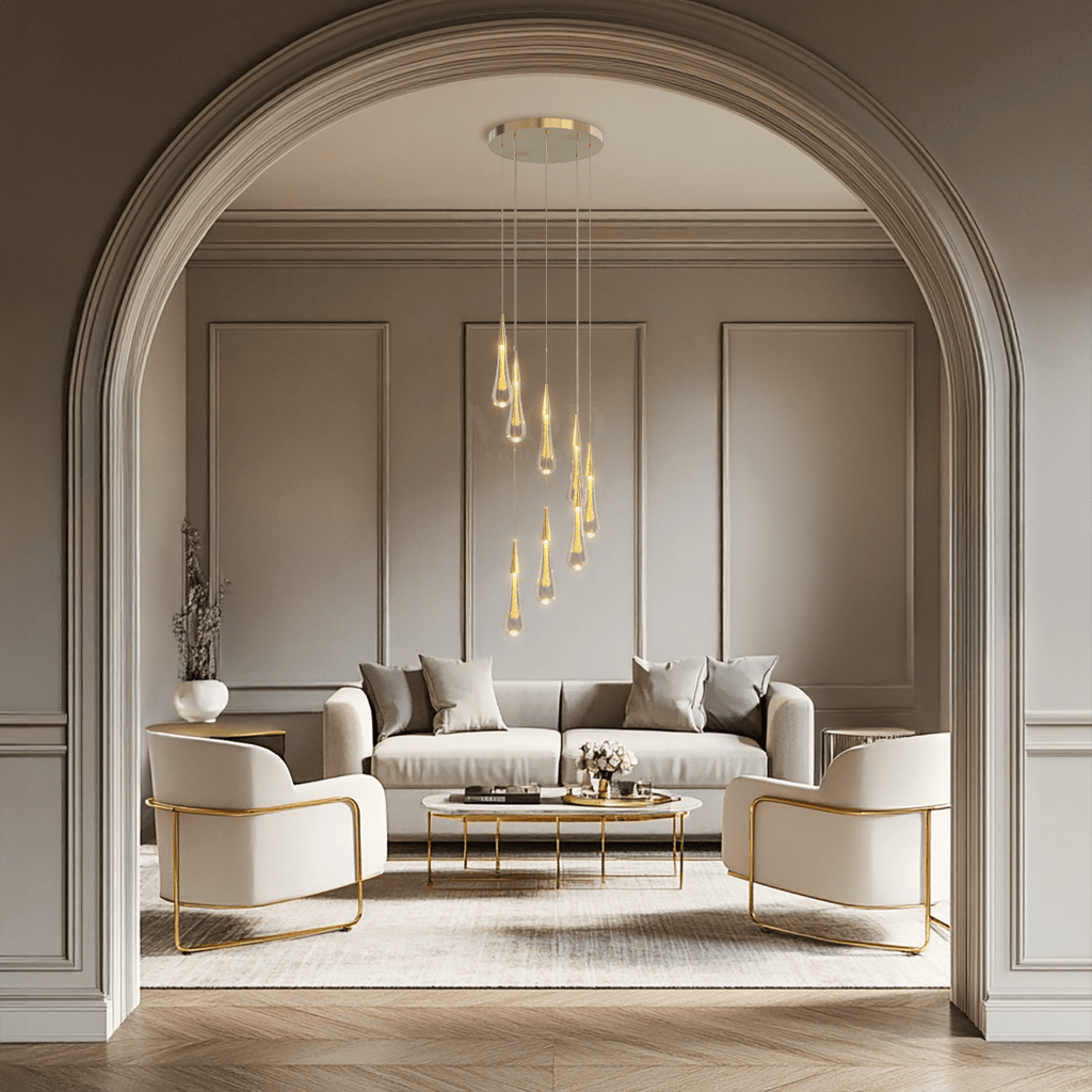 Crystal Droplets Chandelier – Modern Spiral Dimmable LED Lighting for Living Room, Dining & Entryway