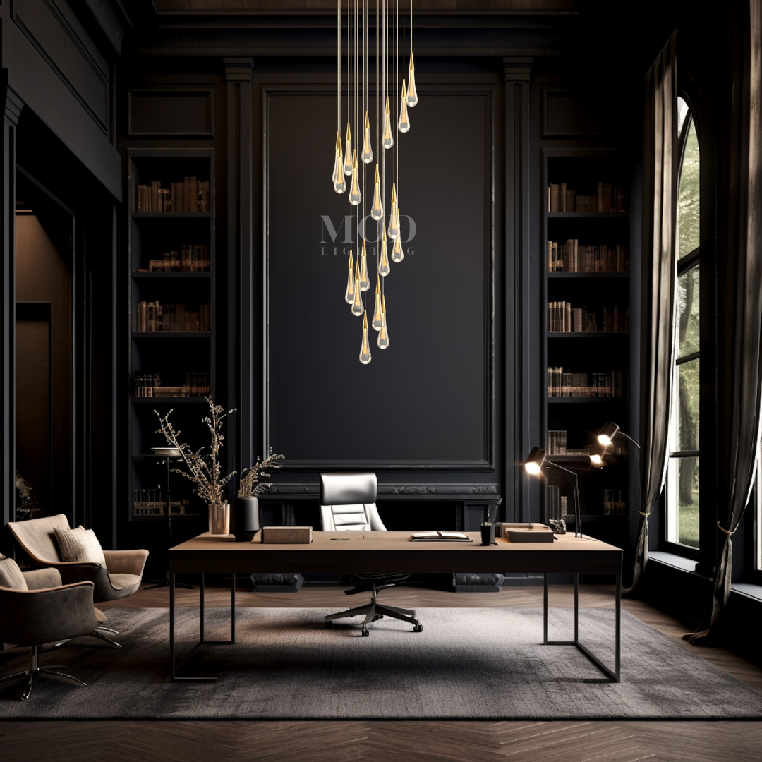 Modern Hanging Chandelier - Crystal Raindrop Spiral Light for High Ceilings & Contemporary Spaces | Smoked Glass Design