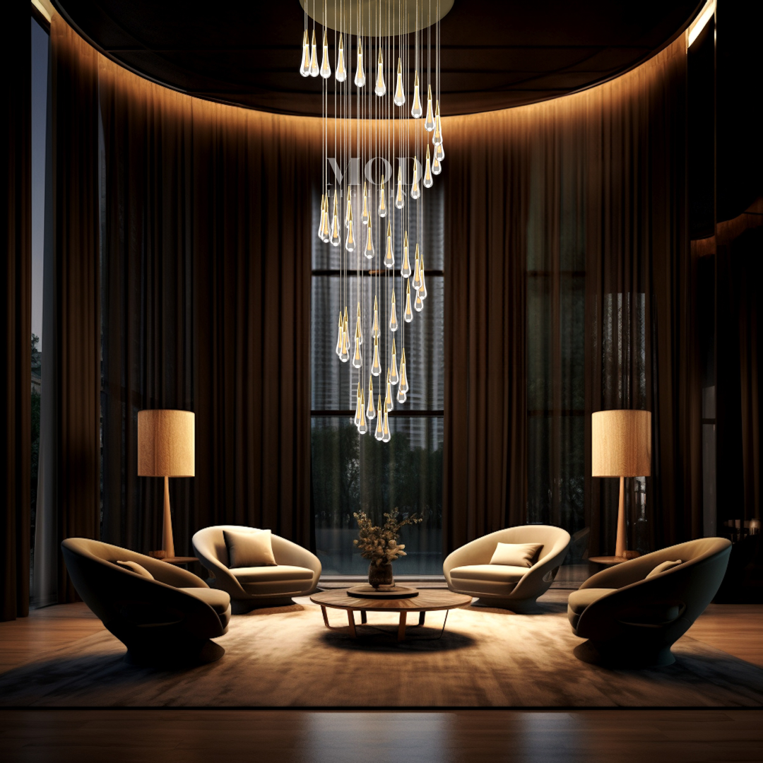 Modern Hanging Chandelier - Crystal Raindrop Spiral Light for High Ceilings & Contemporary Spaces | Smoked Glass Design