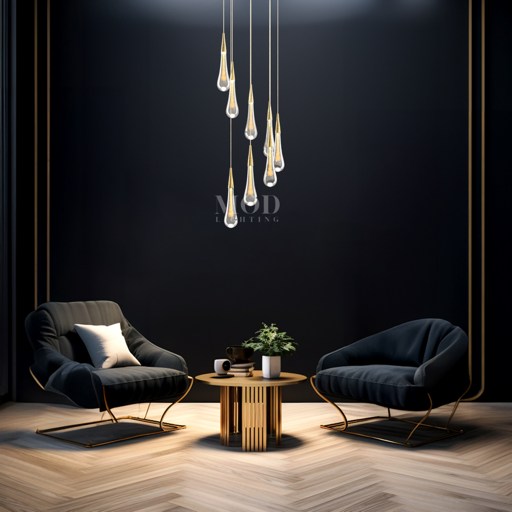 Modern Hanging Chandelier - Crystal Raindrop Spiral Light for High Ceilings & Contemporary Spaces | Smoked Glass Design
