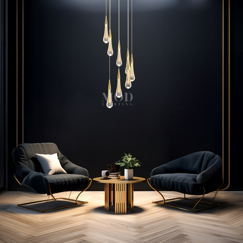 Modern Hanging Chandelier - Crystal Raindrop Spiral Light for High Ceilings & Contemporary Spaces | Smoked Glass Design