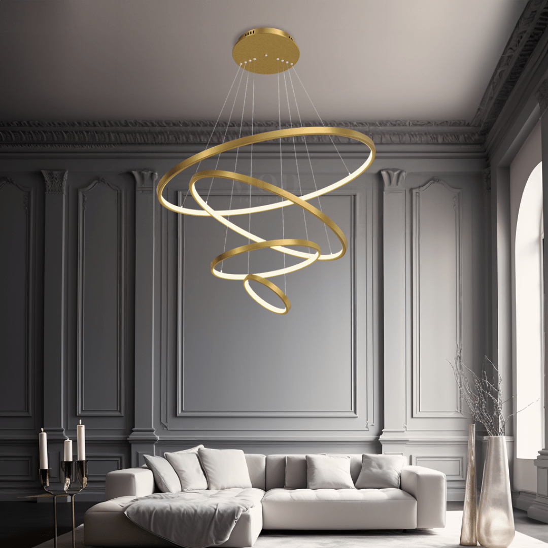 Modern Chandelier – Adjustable Ring Design with Customizable Straps, Elegant Metal & Glass Lighting Fixture for Living & Dining Rooms