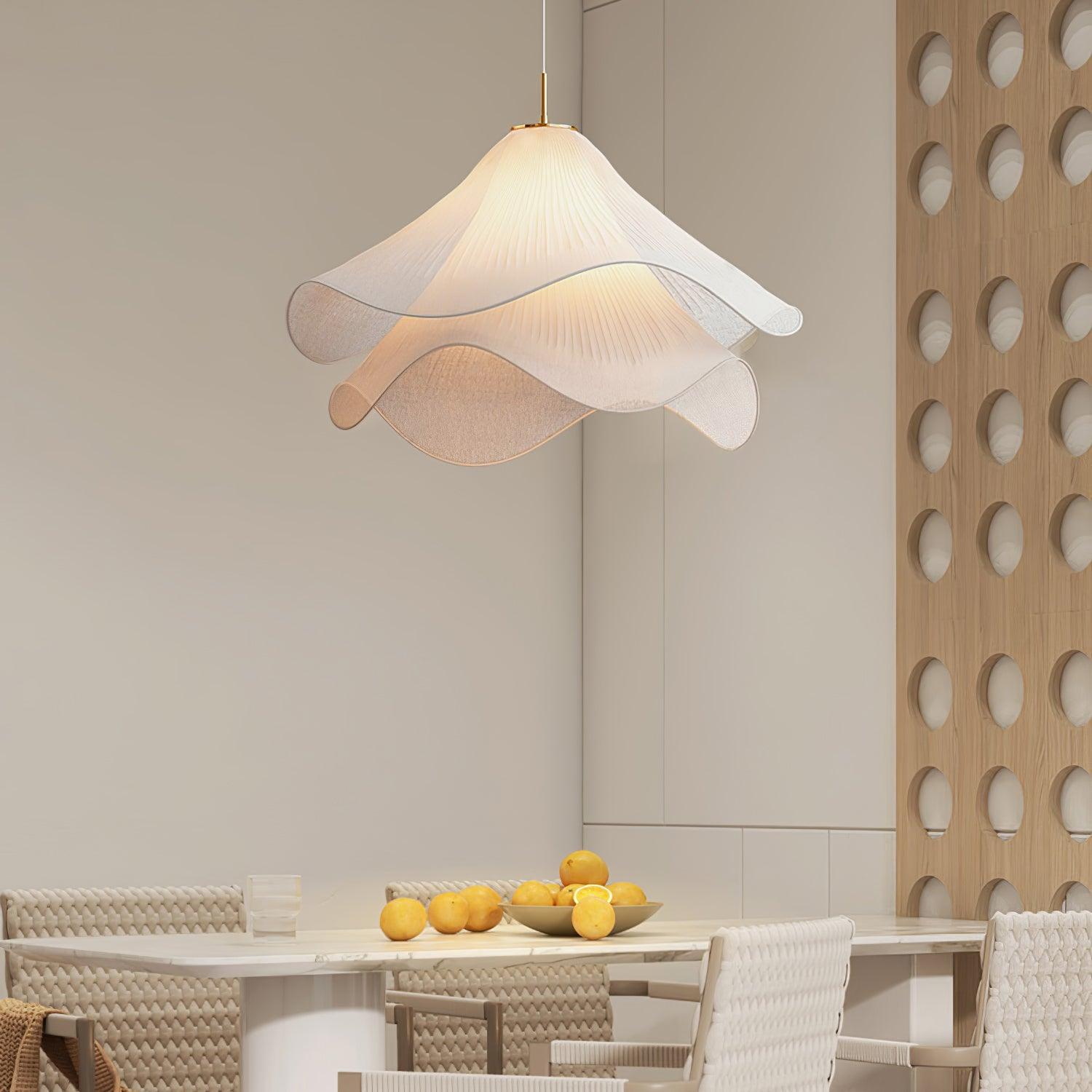 Ethereal Bloom Plug-in Pendant Light | White Fabric Shade, Gold Hardware & Ideal for Dining Rooms and Living Spaces