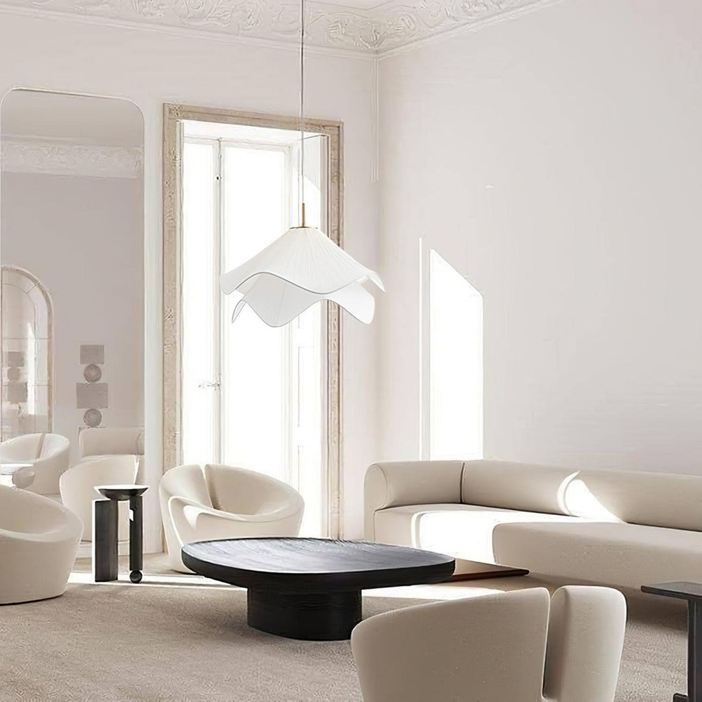 Ethereal Bloom Plug-in Pendant Light | White Fabric Shade, Gold Hardware & Ideal for Dining Rooms and Living Spaces
