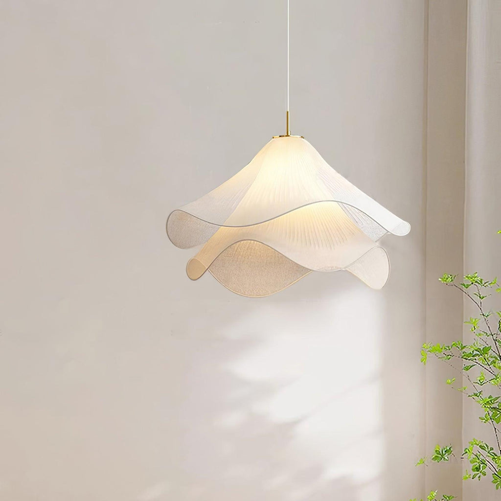 Ethereal Bloom Plug-in Pendant Light | White Fabric Shade, Gold Hardware & Ideal for Dining Rooms and Living Spaces