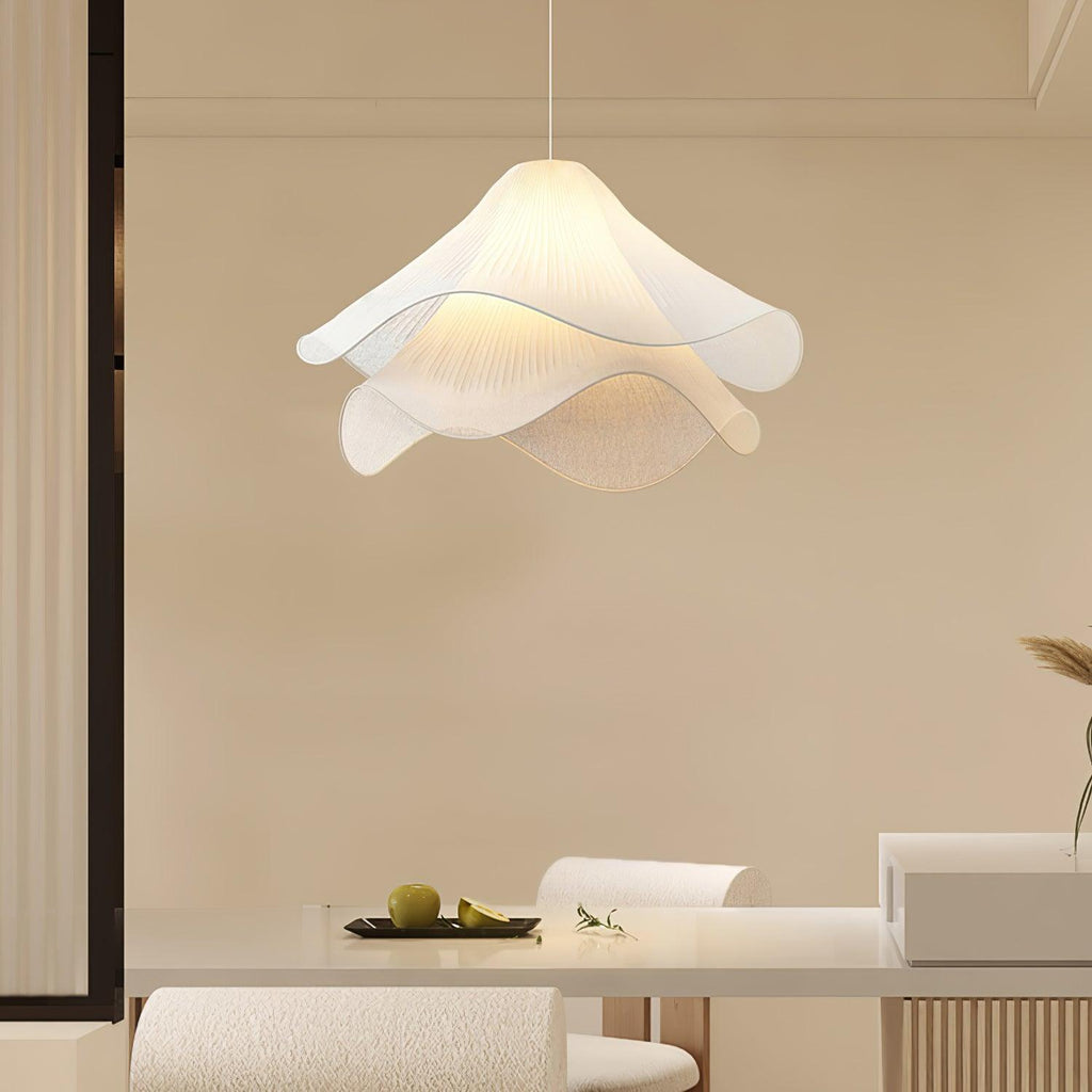 Ethereal Bloom Plug-in Pendant Light | White Fabric Shade, Gold Hardware & Ideal for Dining Rooms and Living Spaces