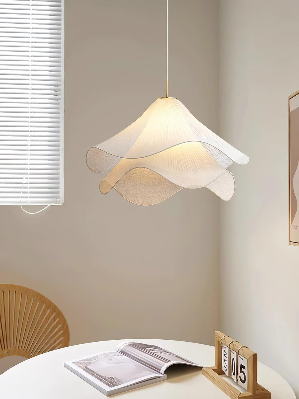 Ethereal Bloom Plug-in Pendant Light | White Fabric Shade, Gold Hardware & Ideal for Dining Rooms and Living Spaces
