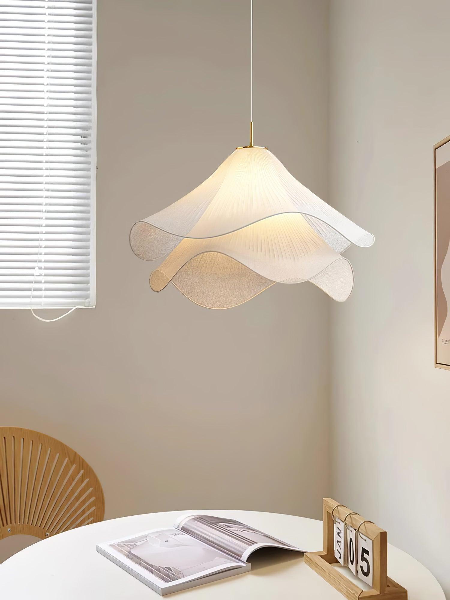 Ethereal Bloom Plug-in Pendant Light | White Fabric Shade, Gold Hardware & Ideal for Dining Rooms and Living Spaces