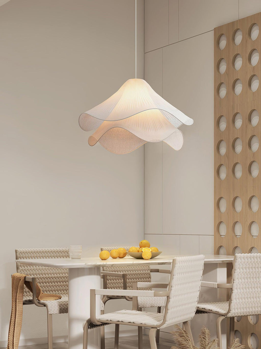 Ethereal Bloom Plug-in Pendant Light | White Fabric Shade, Gold Hardware & Ideal for Dining Rooms and Living Spaces