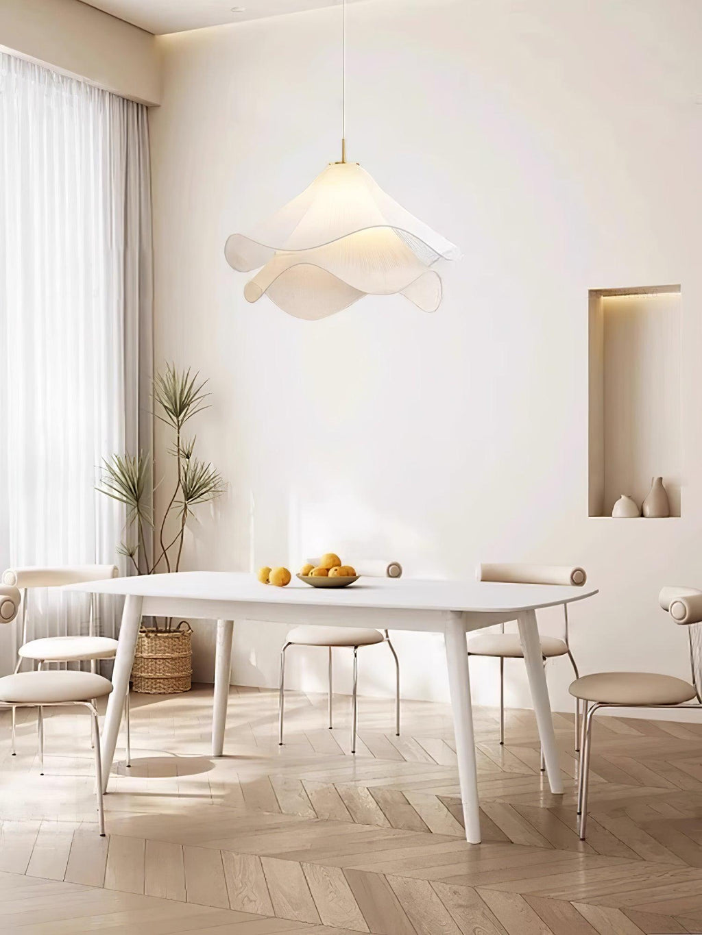 Ethereal Bloom Plug-in Pendant Light | White Fabric Shade, Gold Hardware & Ideal for Dining Rooms and Living Spaces