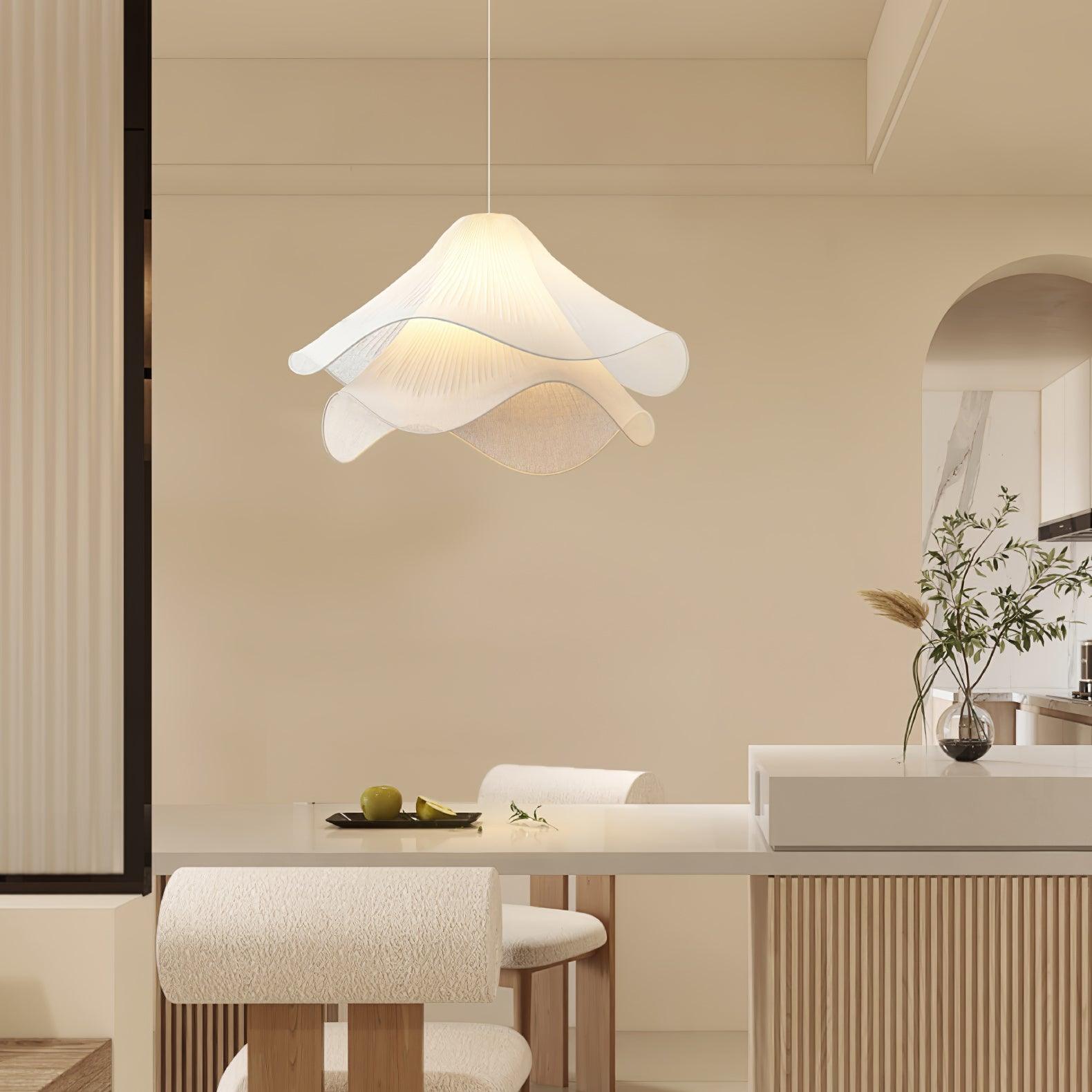 Ethereal Bloom Plug-in Pendant Light | White Fabric Shade, Gold Hardware & Ideal for Dining Rooms and Living Spaces