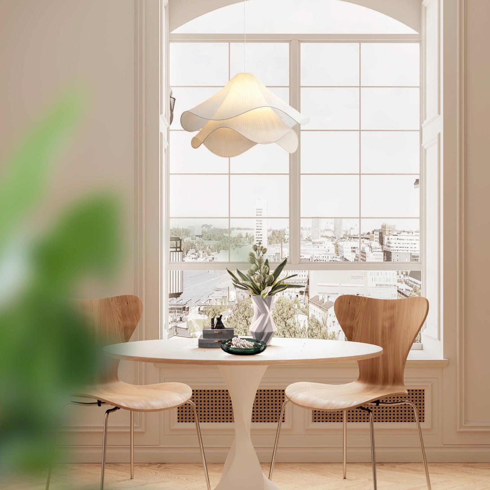Ethereal Bloom Plug-in Pendant Light | White Fabric Shade, Gold Hardware & Ideal for Dining Rooms and Living Spaces