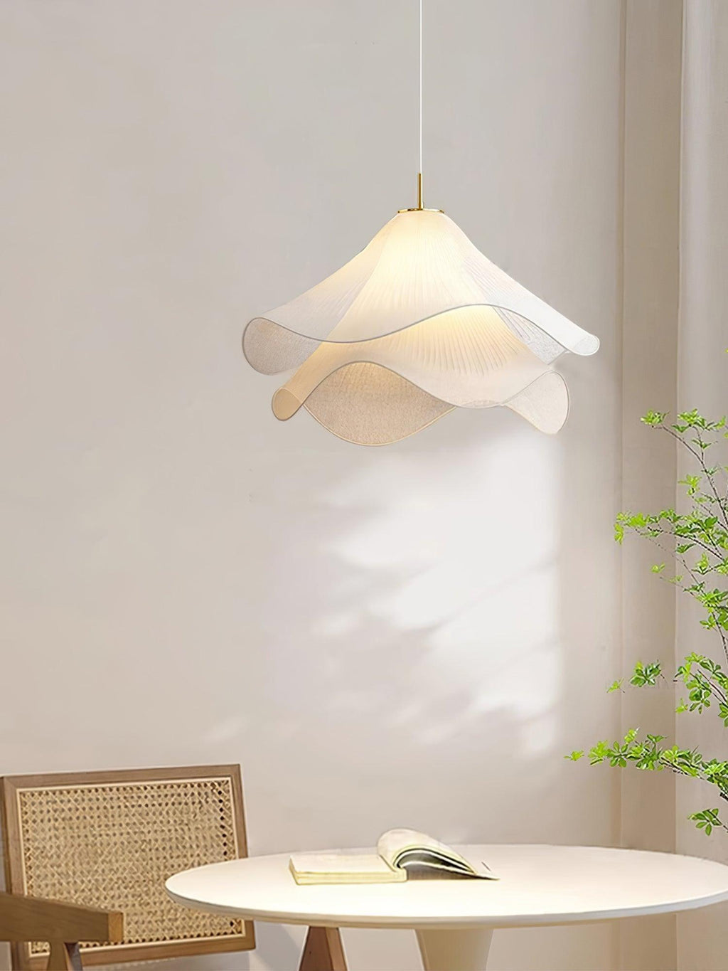 Ethereal Bloom Plug-in Pendant Light | White Fabric Shade, Gold Hardware & Ideal for Dining Rooms and Living Spaces