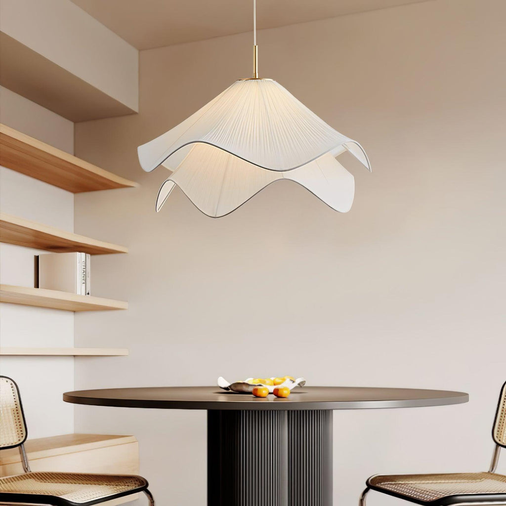 Ethereal Bloom Plug-in Pendant Light | White Fabric Shade, Gold Hardware & Ideal for Dining Rooms and Living Spaces