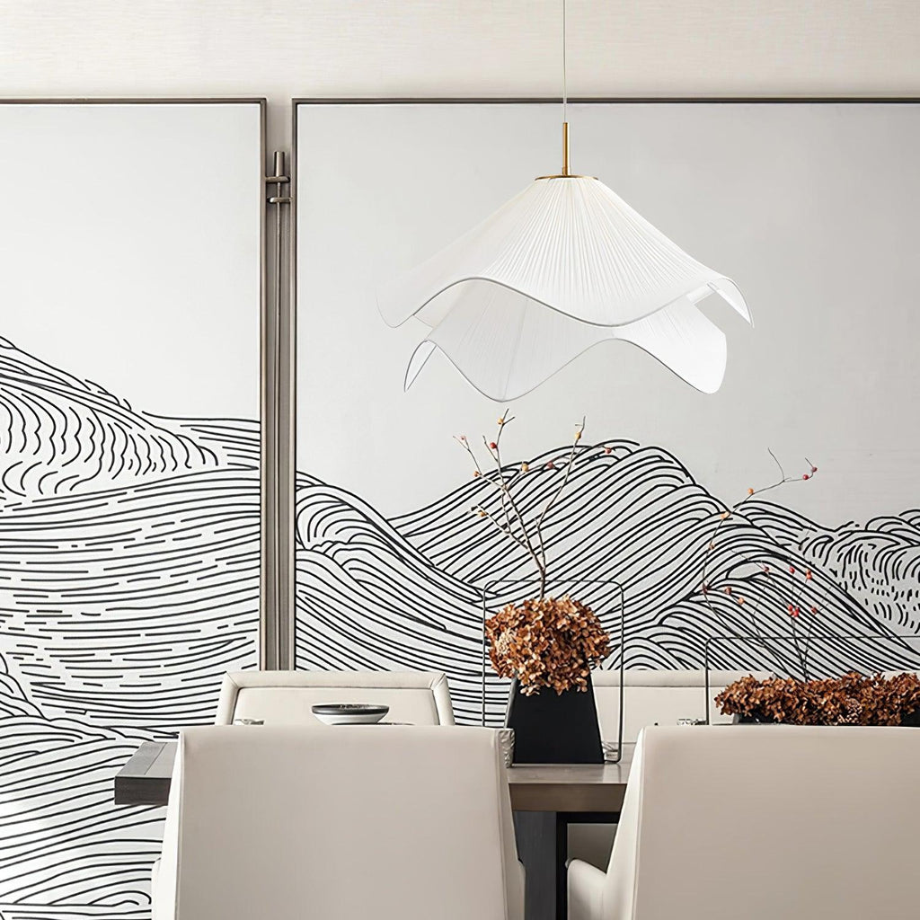 Ethereal Bloom Plug-in Pendant Light | White Fabric Shade, Gold Hardware & Ideal for Dining Rooms and Living Spaces