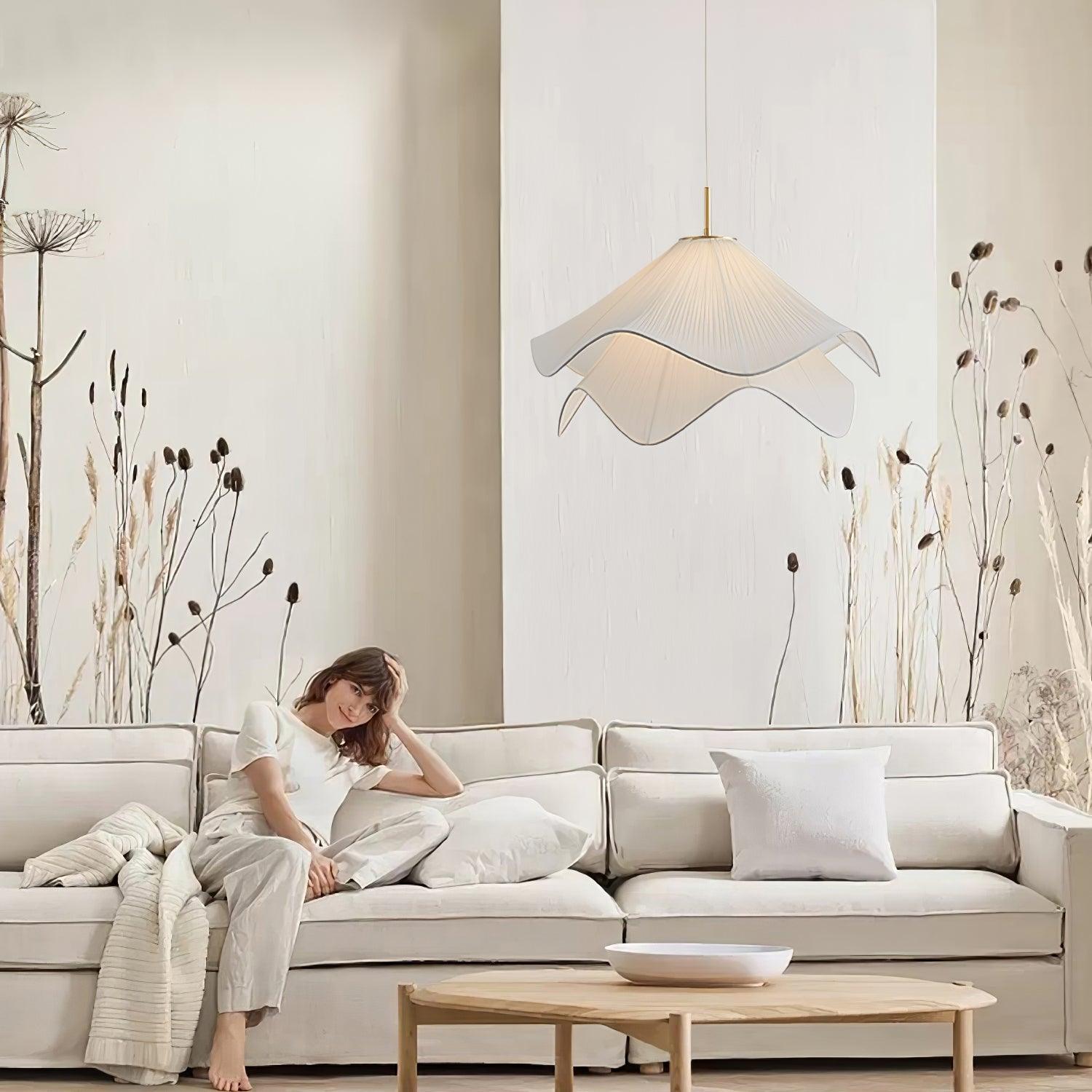 Ethereal Bloom Plug-in Pendant Light | White Fabric Shade, Gold Hardware & Ideal for Dining Rooms and Living Spaces
