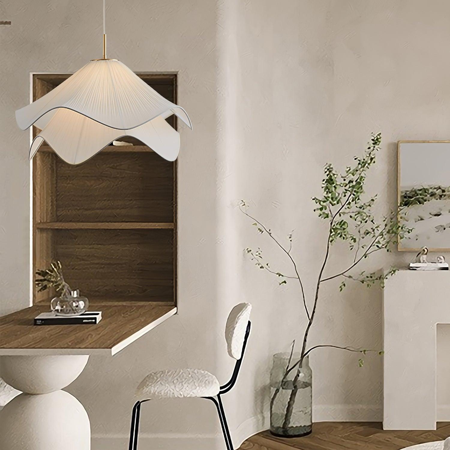 Ethereal Bloom Plug-in Pendant Light | White Fabric Shade, Gold Hardware & Ideal for Dining Rooms and Living Spaces