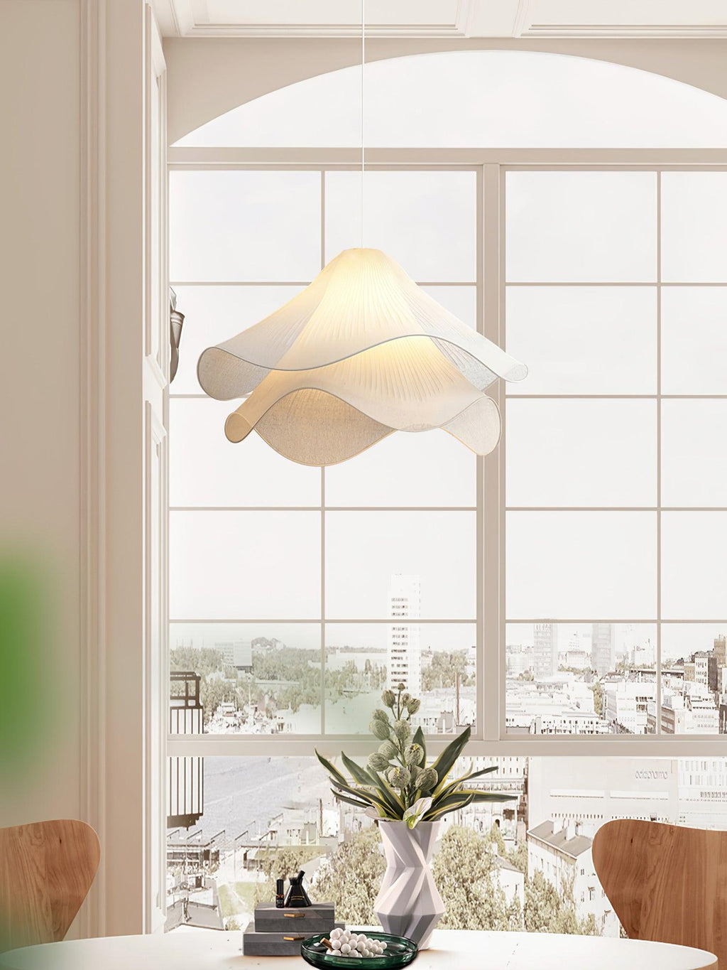 Ethereal Bloom Plug-in Pendant Light | White Fabric Shade, Gold Hardware & Ideal for Dining Rooms and Living Spaces