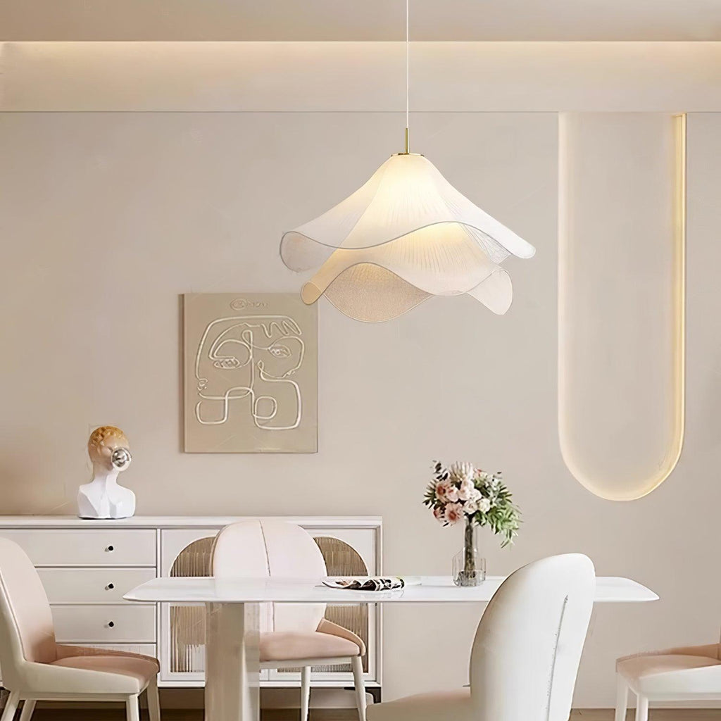 Ethereal Bloom Plug-in Pendant Light | White Fabric Shade, Gold Hardware & Ideal for Dining Rooms and Living Spaces
