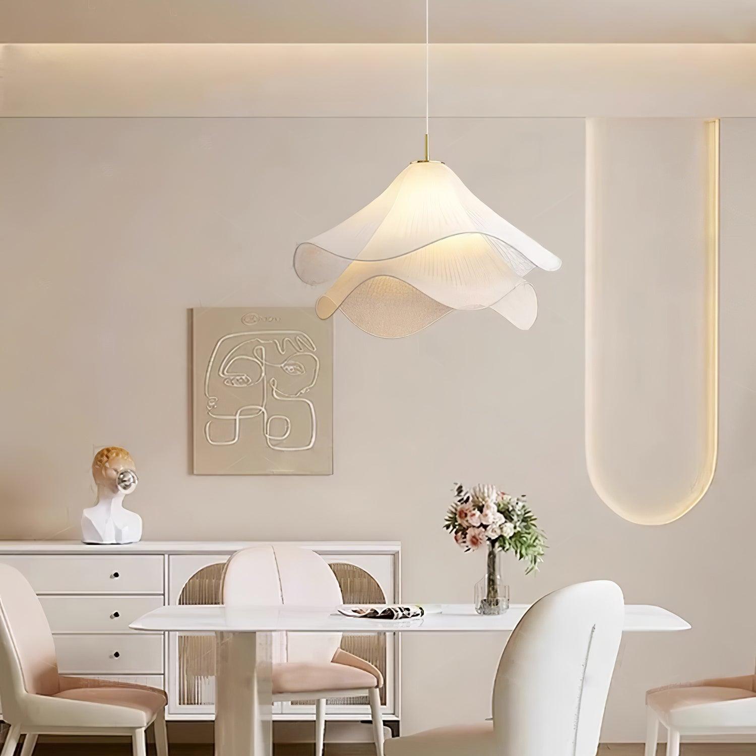 Ethereal Bloom Plug-in Pendant Light | White Fabric Shade, Gold Hardware & Ideal for Dining Rooms and Living Spaces