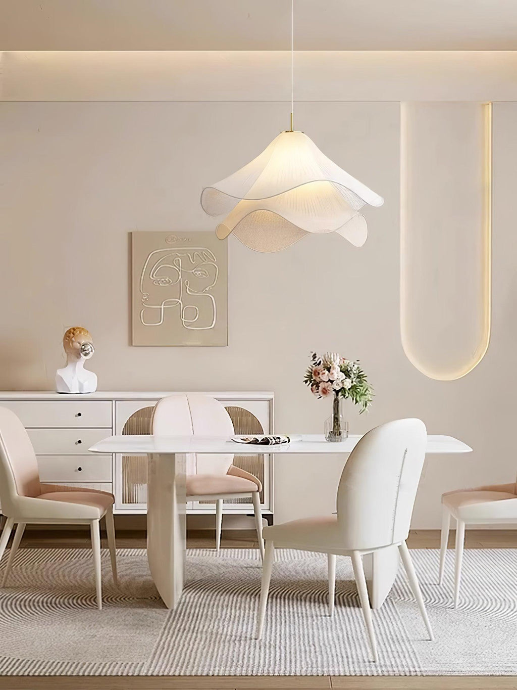 Ethereal Bloom Plug-in Pendant Light | White Fabric Shade, Gold Hardware & Ideal for Dining Rooms and Living Spaces