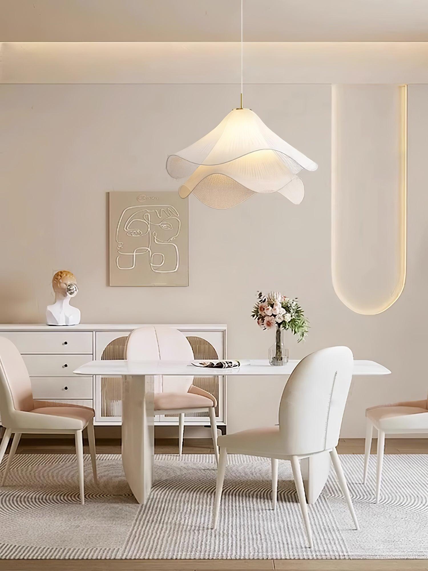 Ethereal Bloom Plug-in Pendant Light | White Fabric Shade, Gold Hardware & Ideal for Dining Rooms and Living Spaces