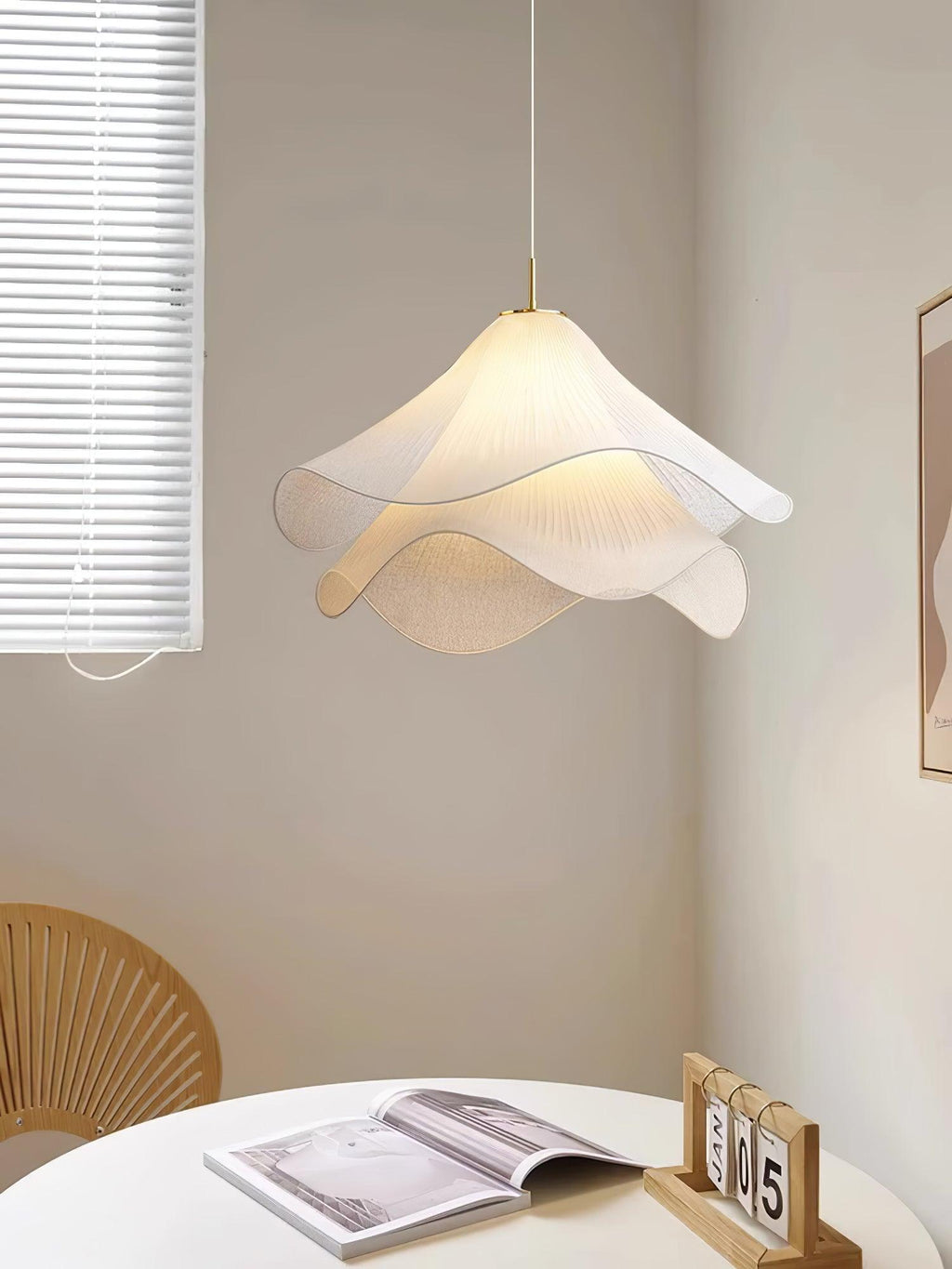 Ethereal Bloom Plug-in Pendant Light | White Fabric Shade, Gold Hardware & Ideal for Dining Rooms and Living Spaces