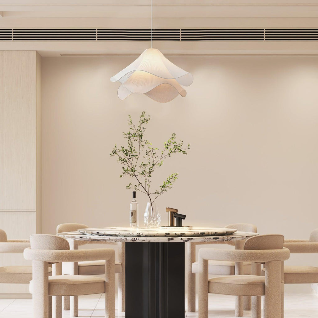 Ethereal Bloom Plug-in Pendant Light | White Fabric Shade, Gold Hardware & Ideal for Dining Rooms and Living Spaces