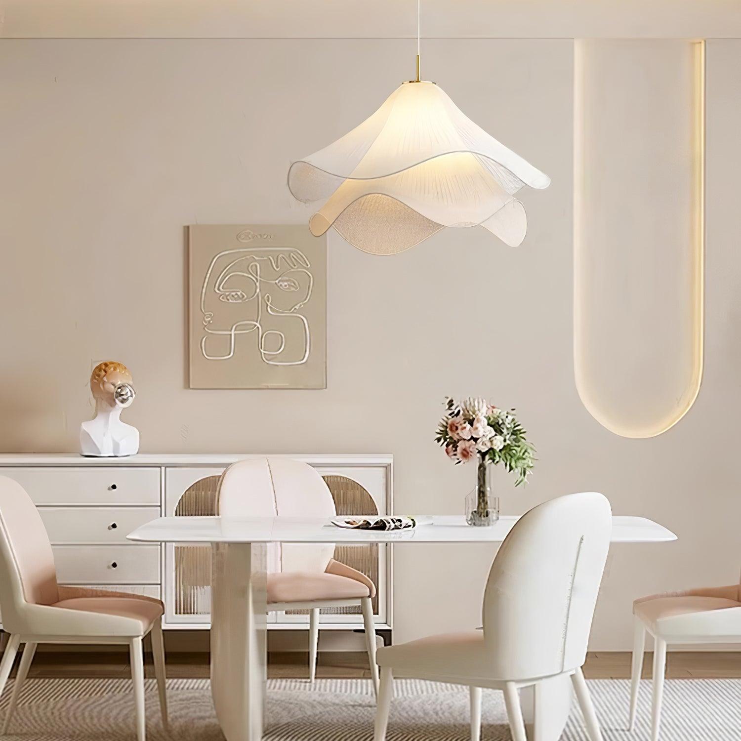 Ethereal Bloom Plug-in Pendant Light | White Fabric Shade, Gold Hardware & Ideal for Dining Rooms and Living Spaces