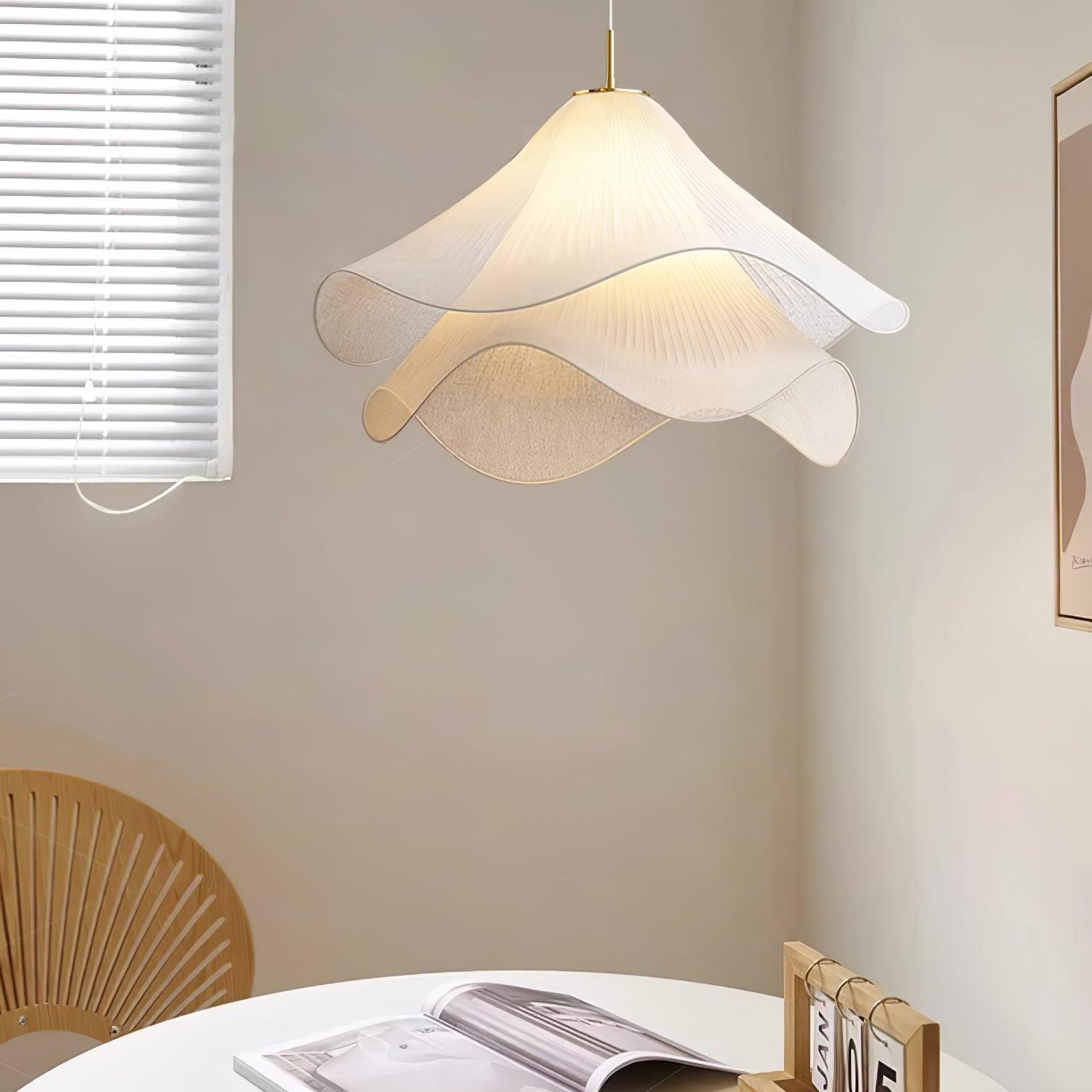 Ethereal Bloom Plug-in Pendant Light | White Fabric Shade, Gold Hardware & Ideal for Dining Rooms and Living Spaces