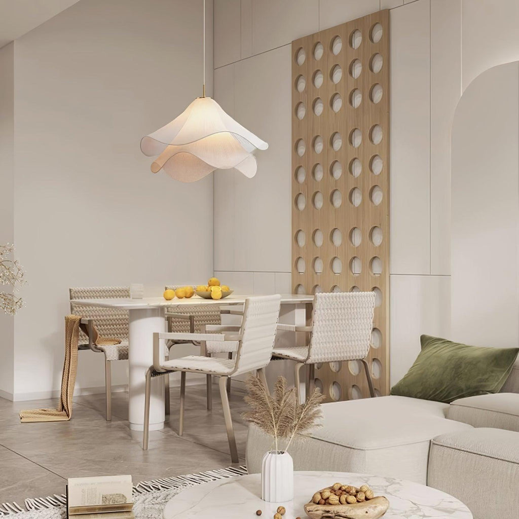 Ethereal Bloom Plug-in Pendant Light | White Fabric Shade, Gold Hardware & Ideal for Dining Rooms and Living Spaces