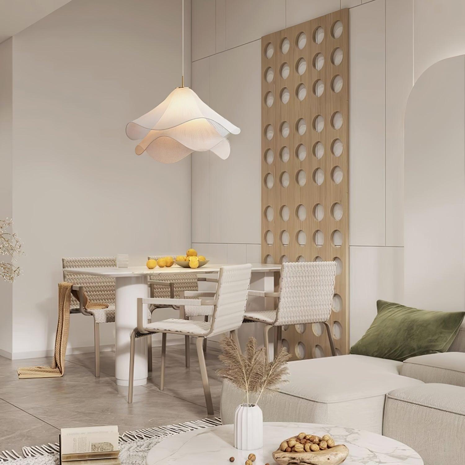 Ethereal Bloom Plug-in Pendant Light | White Fabric Shade, Gold Hardware & Ideal for Dining Rooms and Living Spaces