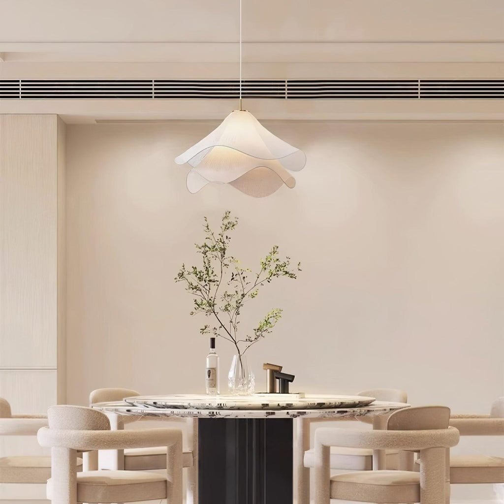 Ethereal Bloom Plug-in Pendant Light | White Fabric Shade, Gold Hardware & Ideal for Dining Rooms and Living Spaces