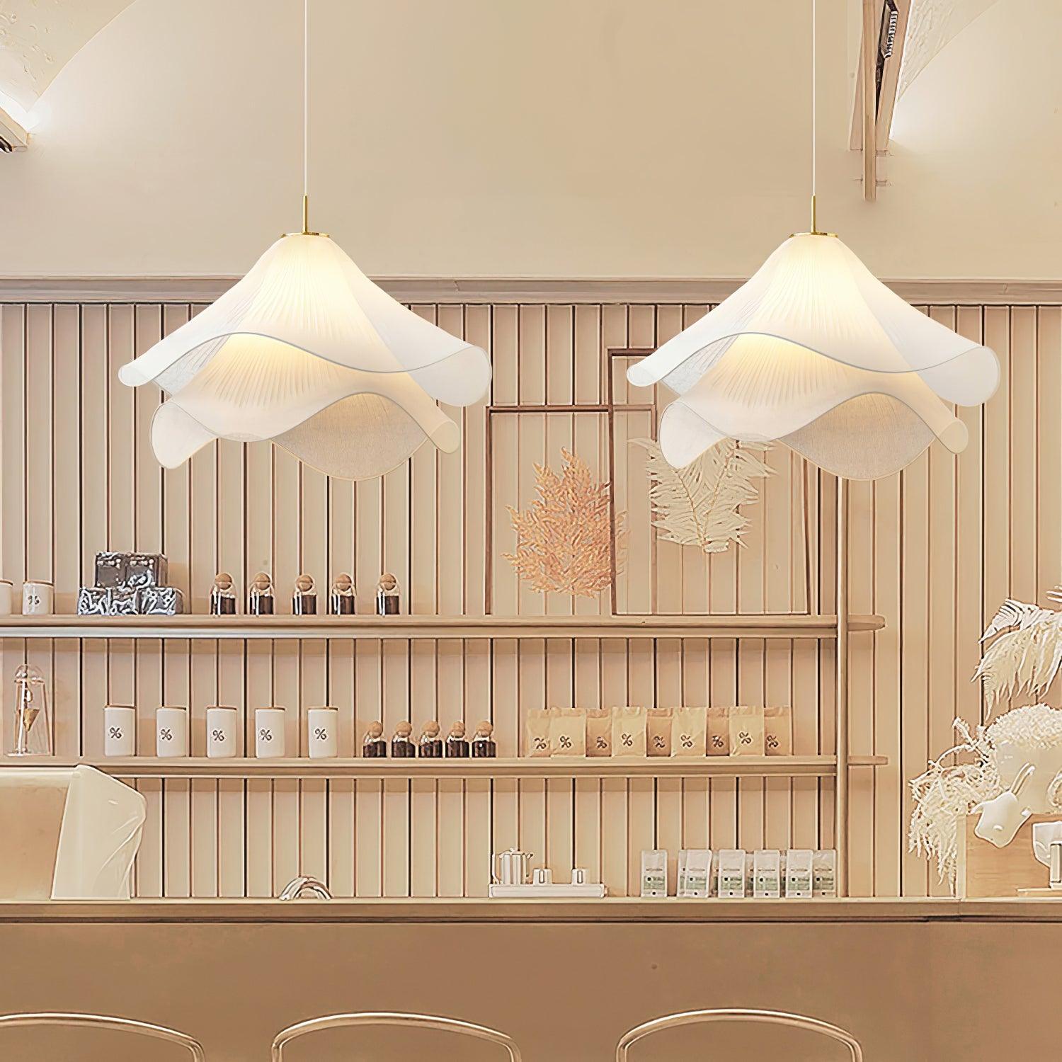 Ethereal Bloom Plug-in Pendant Light | White Fabric Shade, Gold Hardware & Ideal for Dining Rooms and Living Spaces