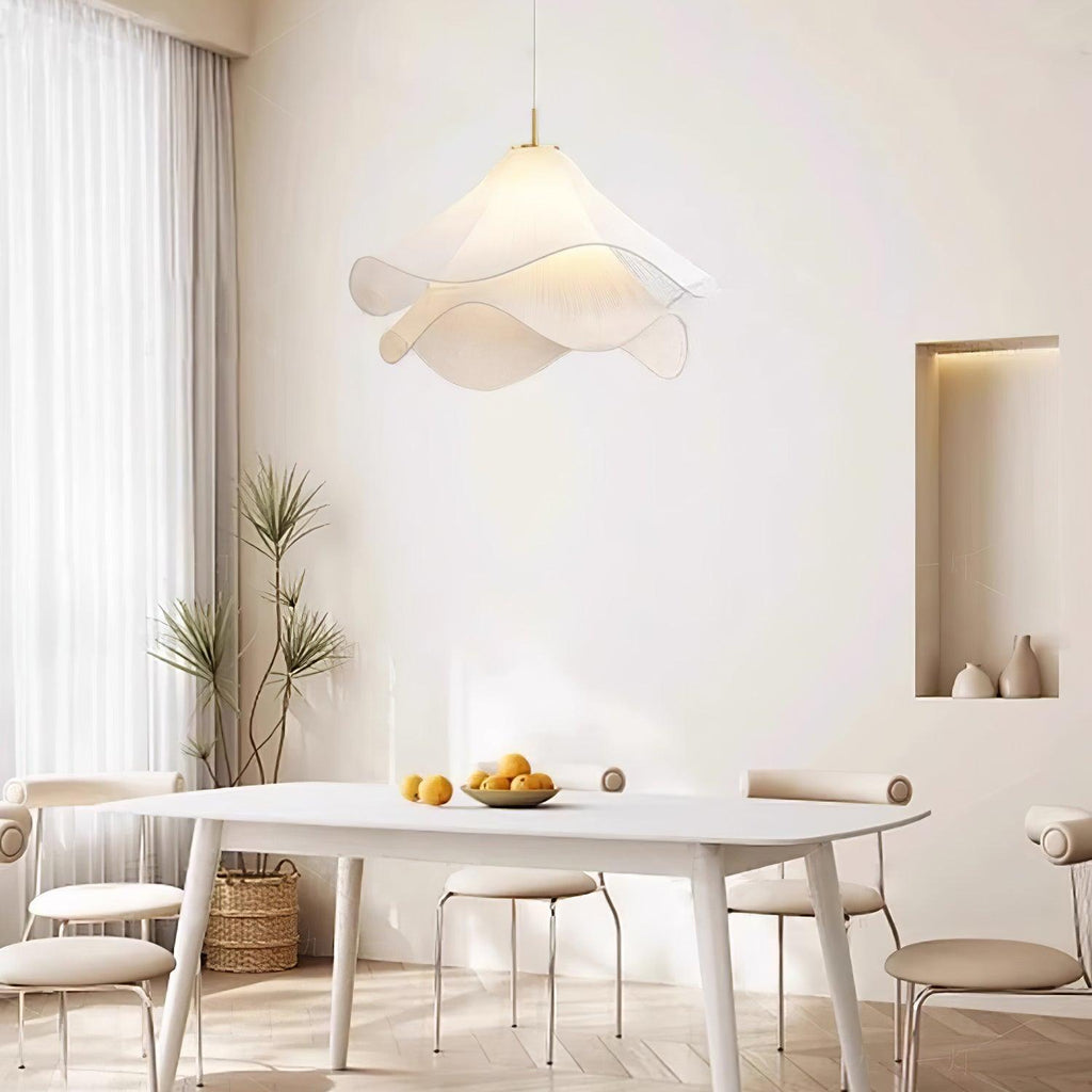 Ethereal Bloom Plug-in Pendant Light | White Fabric Shade, Gold Hardware & Ideal for Dining Rooms and Living Spaces