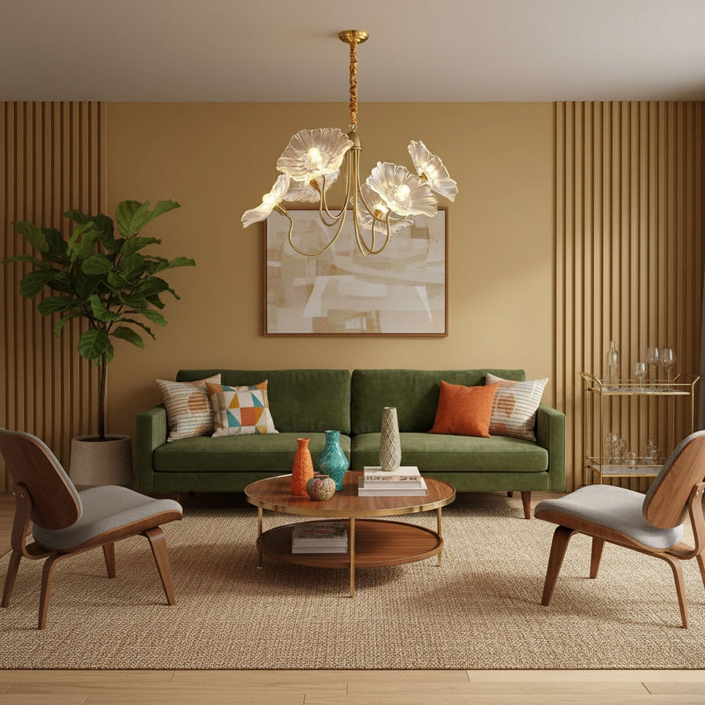 Lotus Leaf Glass Chandelier | Frosted Glass, Gold Finish & Ideal for Indoor Lighting