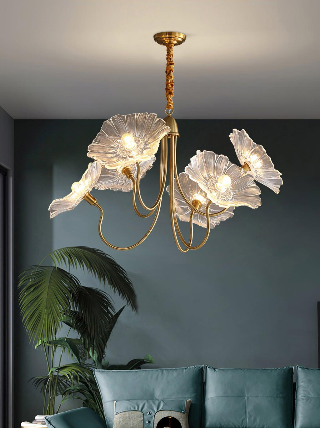 Lotus Leaf Glass Chandelier | Frosted Glass, Gold Finish & Ideal for Indoor Lighting
