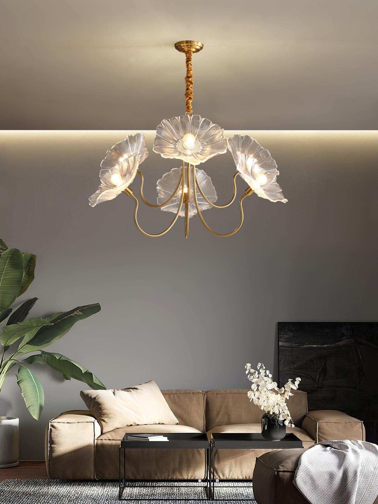 Lotus Leaf Glass Chandelier | Frosted Glass, Gold Finish & Ideal for Indoor Lighting