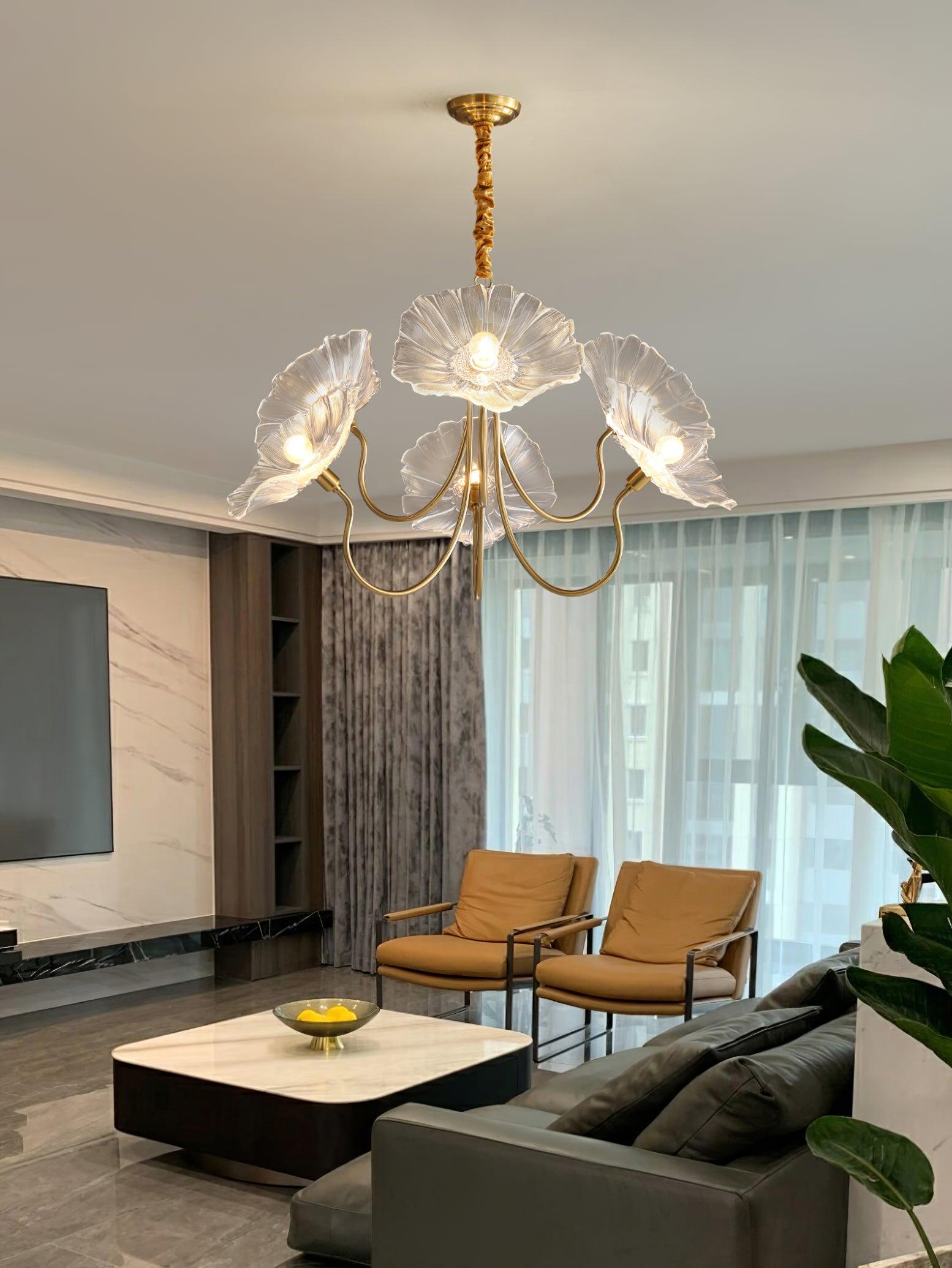 Lotus Leaf Glass Chandelier | Frosted Glass, Gold Finish & Ideal for Indoor Lighting