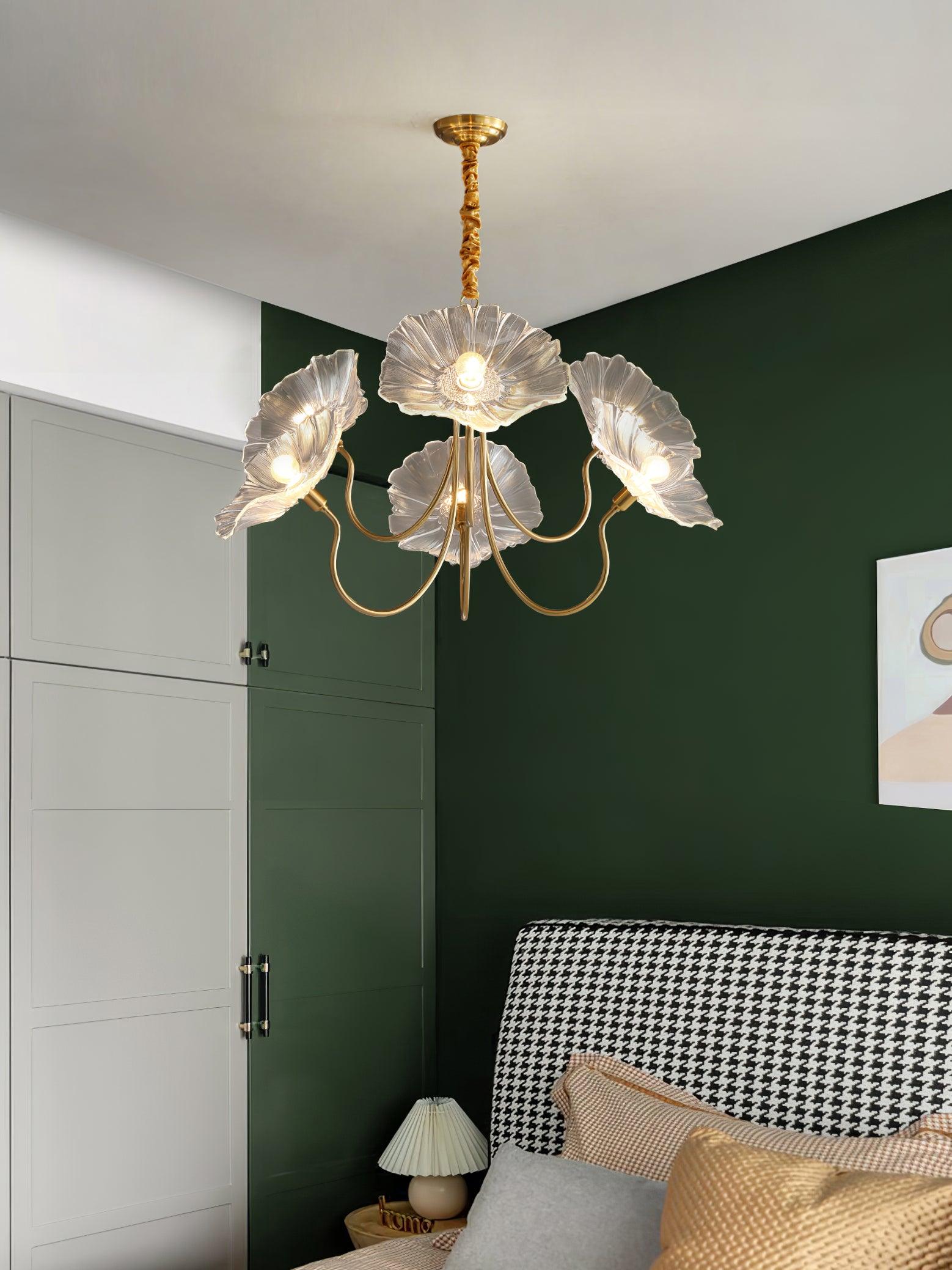Lotus Leaf Glass Chandelier | Frosted Glass, Gold Finish & Ideal for Indoor Lighting