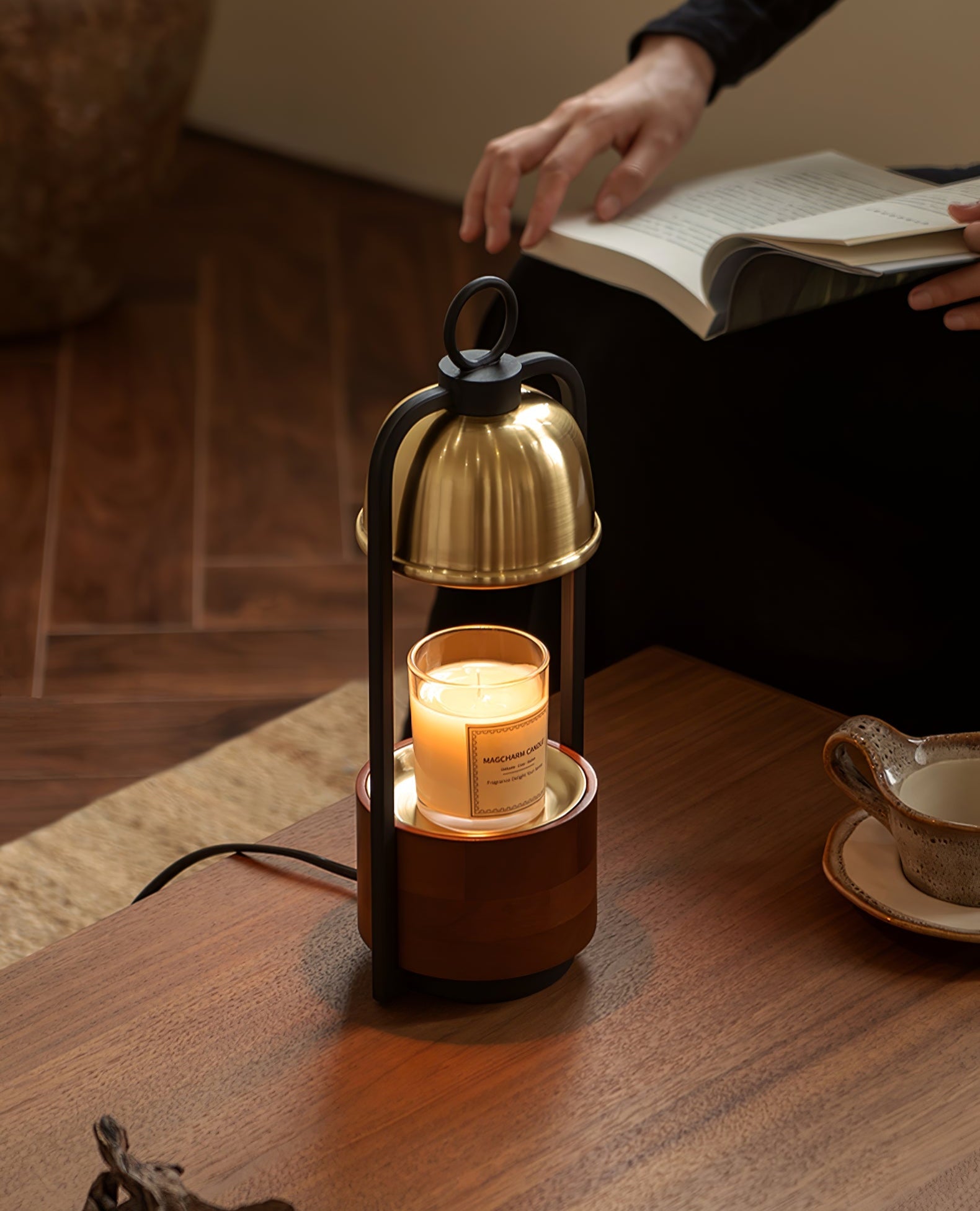 Candle Warmer Lamp | Halogen Light, Stylish Brass & Wood Design for Indoor Relaxation