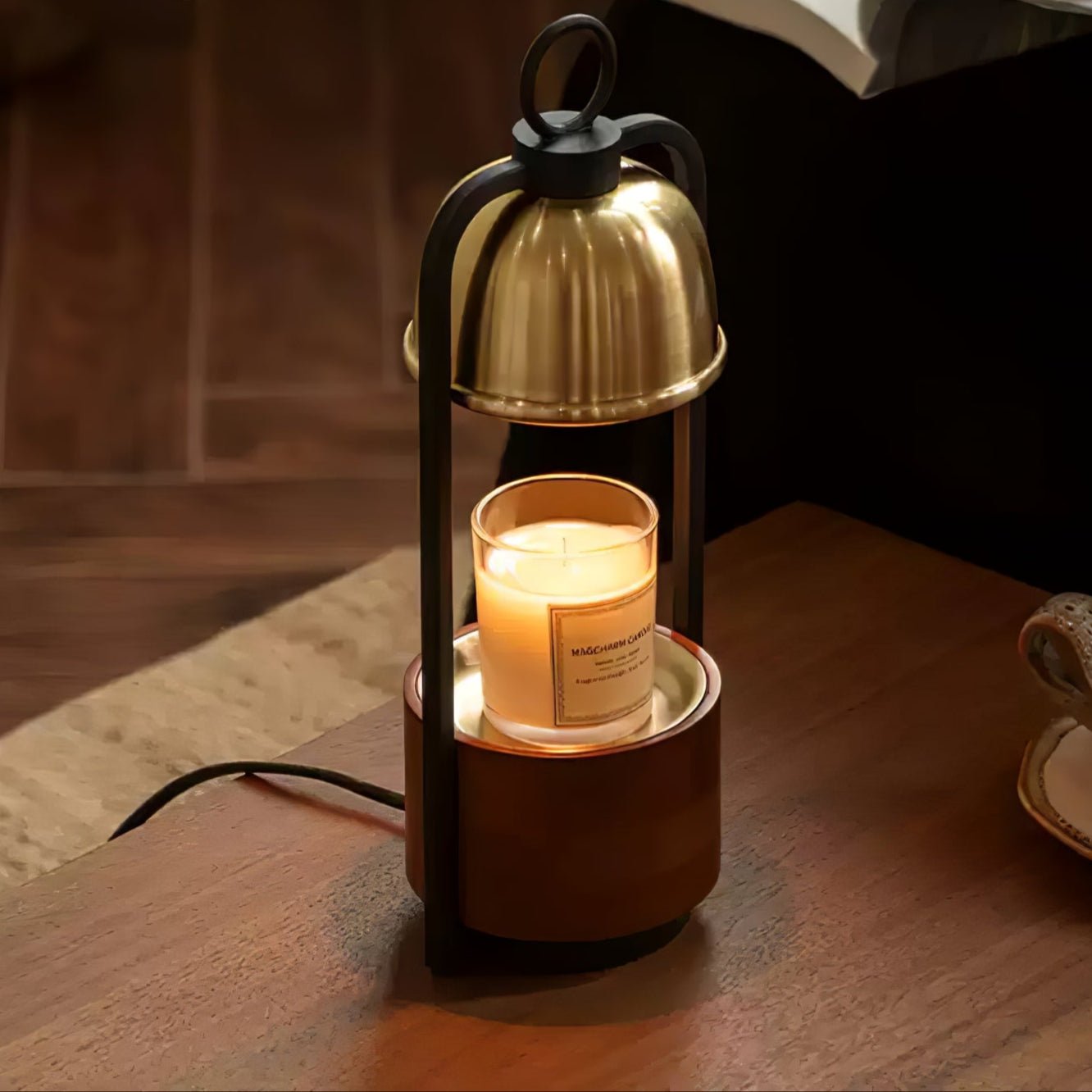 Candle Warmer Lamp | Halogen Light, Stylish Brass & Wood Design for Indoor Relaxation