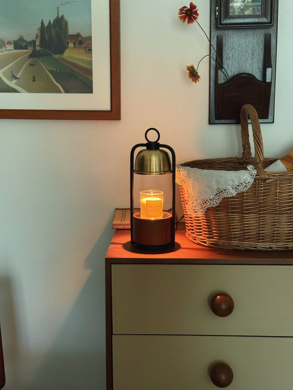 Candle Warmer Lamp | Halogen Light, Stylish Brass & Wood Design for Indoor Relaxation