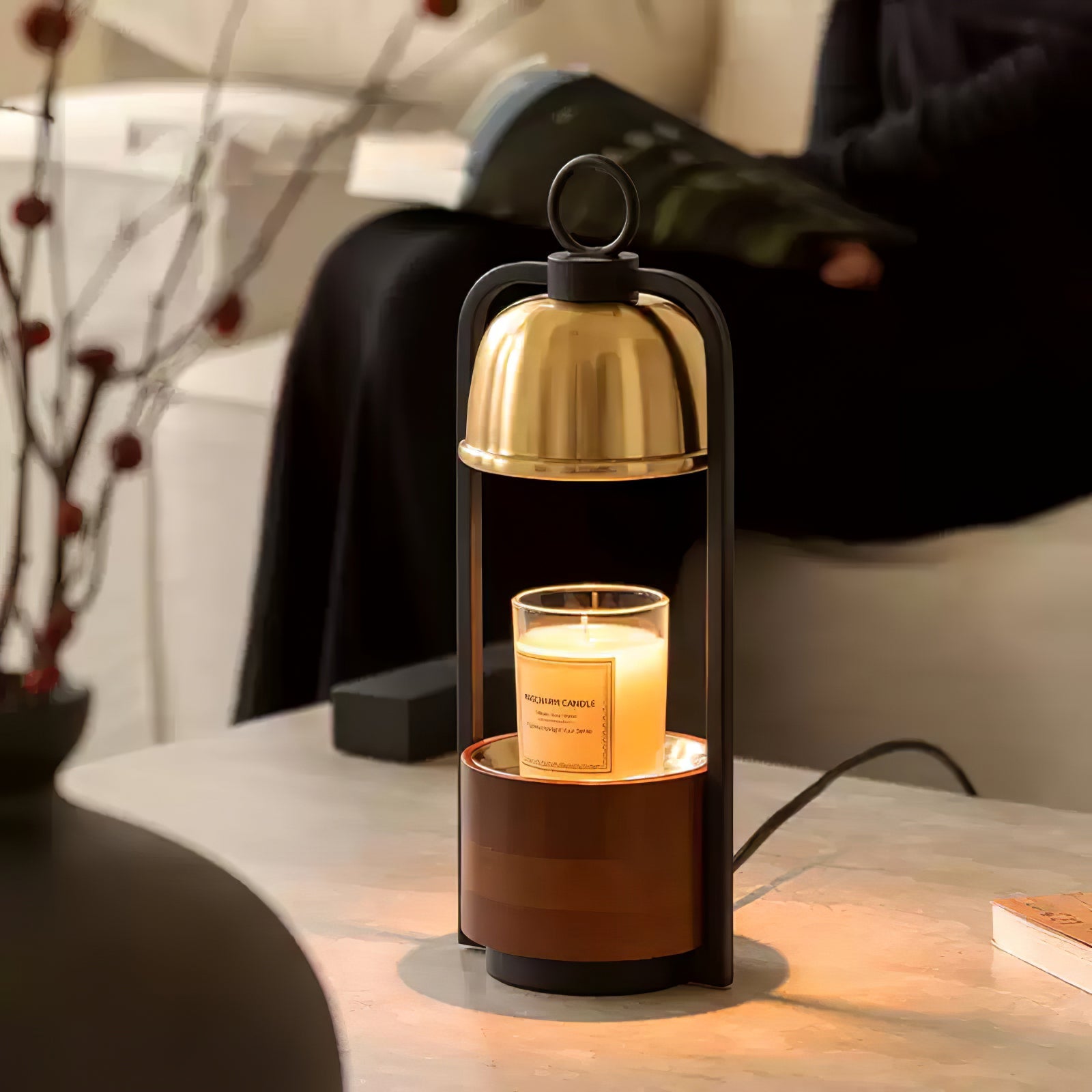 Candle Warmer Lamp | Halogen Light, Stylish Brass & Wood Design for Indoor Relaxation