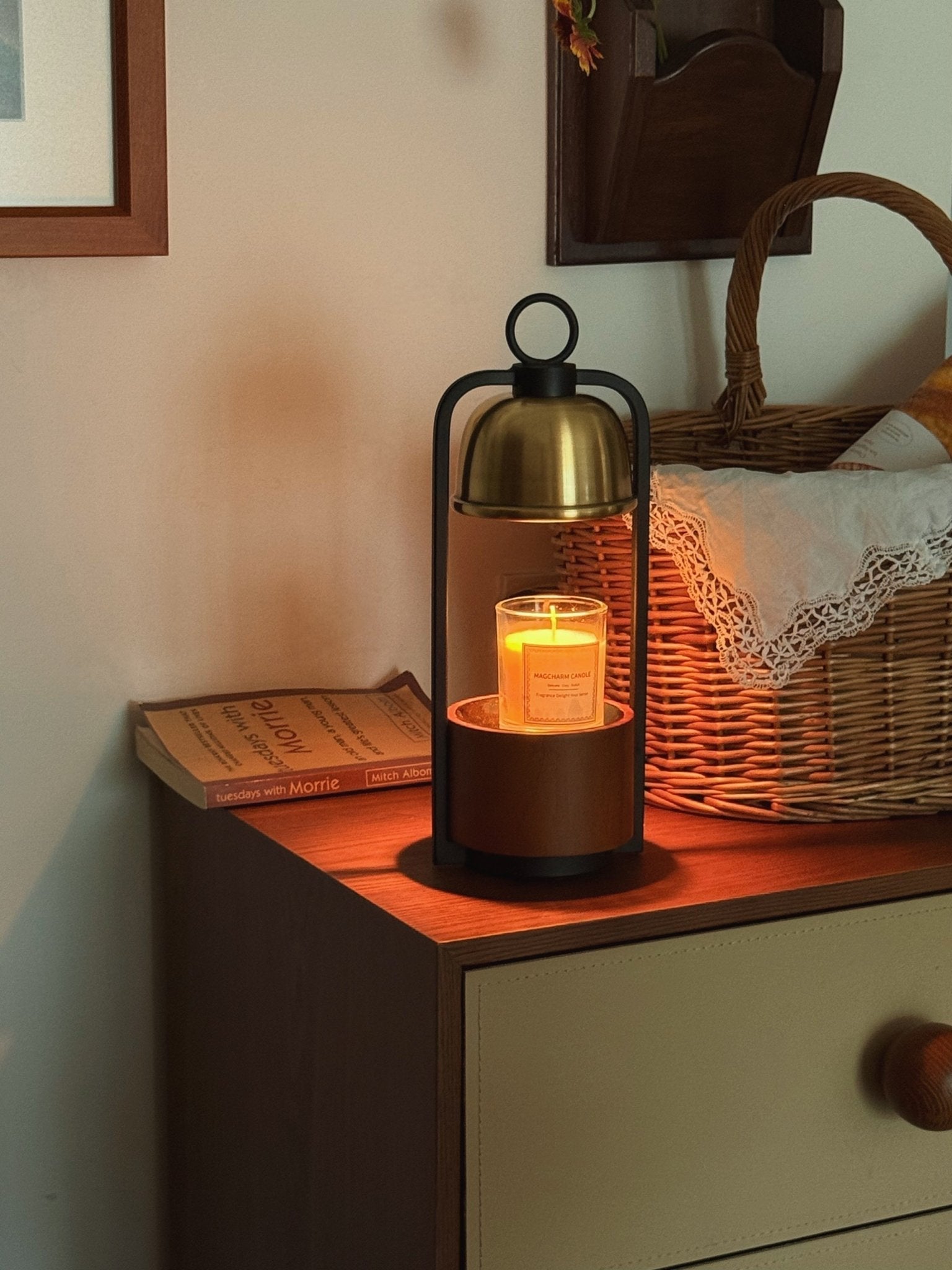 Candle Warmer Lamp | Halogen Light, Stylish Brass & Wood Design for Indoor Relaxation