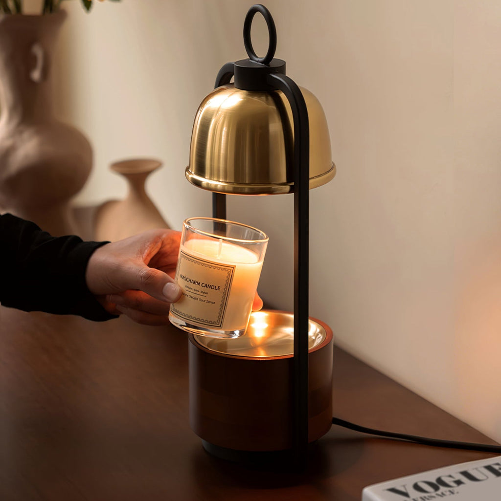 Candle Warmer Lamp | Halogen Light, Stylish Brass & Wood Design for Indoor Relaxation