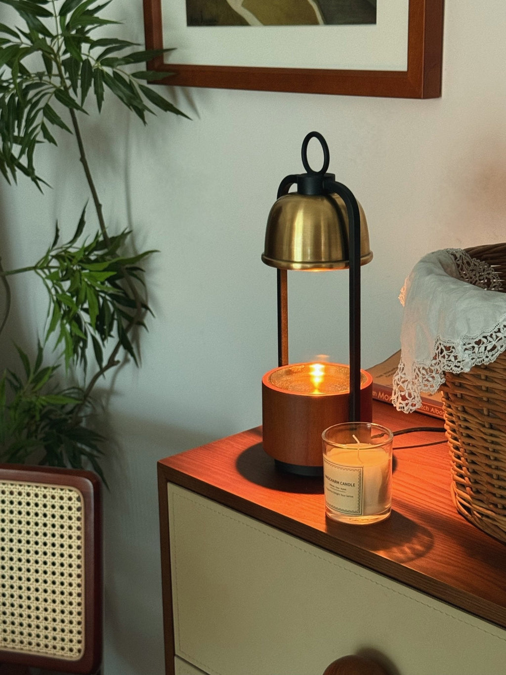 Candle Warmer Lamp | Halogen Light, Stylish Brass & Wood Design for Indoor Relaxation